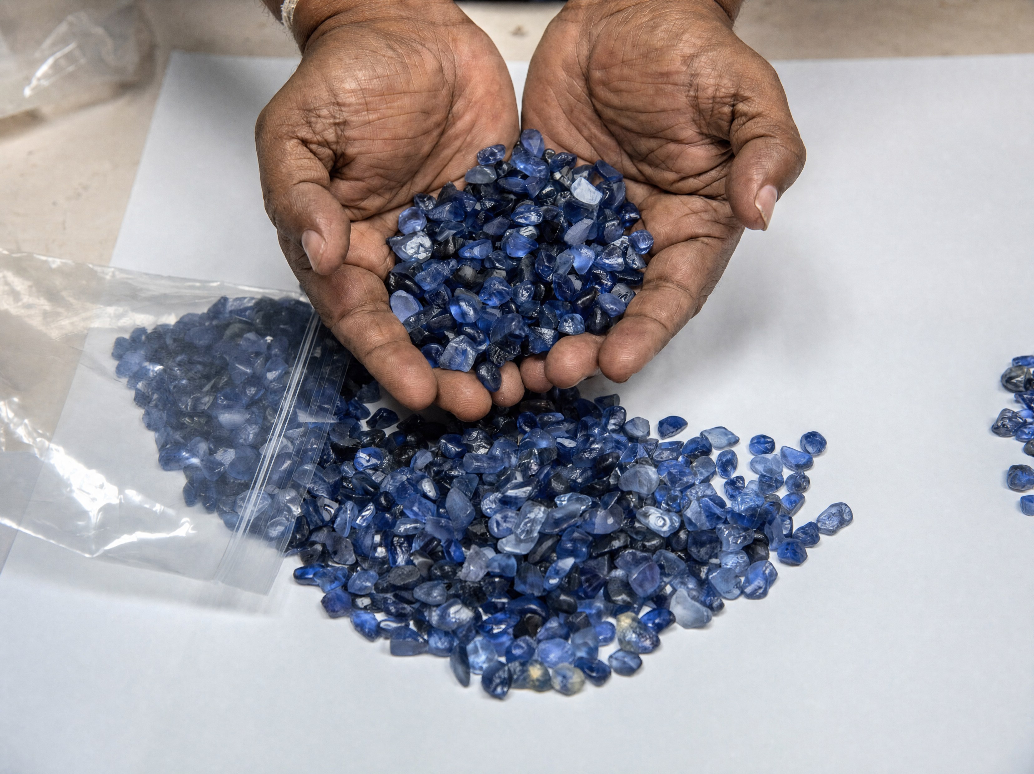 A parcel of rough blue sapphires held in hand